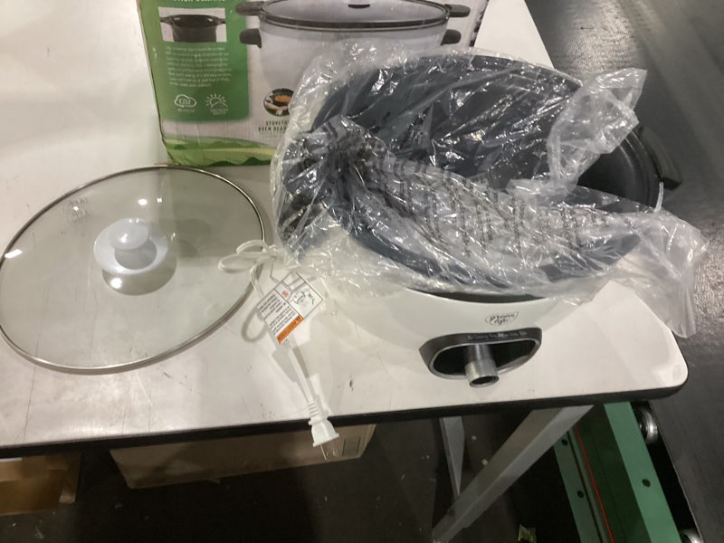 Condition photo showing As Is for greenlife 6qt slow cooker, non-toxic pfas-free ceramic nonstick removable interior bowl, programmable, family friendly, keep warm, stovetop & oven safe, dishwasher safe crock, timer, glass lid, white 6 quarts white