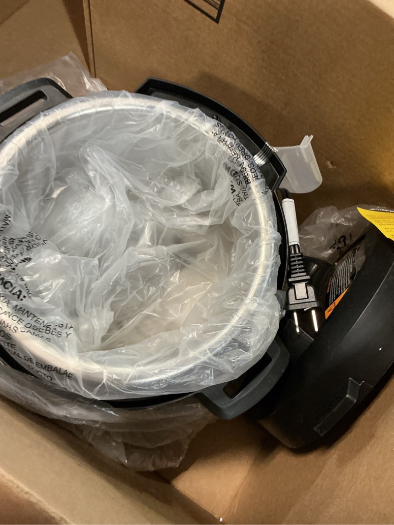 Condition photo showing As Is for instant pot duo 7-in-1 mini electric pressure cooker, slow rice cooker, steamer, sauté, yogurt maker, warmer & sterilizer, includes free app with over 1900 recipes, stainless steel, 3 quart