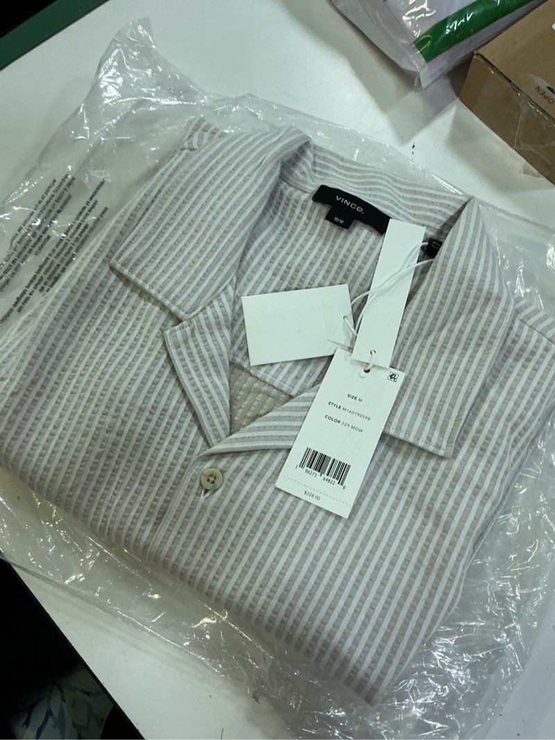 Condition photo showing Good Condition for vince men's seersucker stripe s/s cabana shirt medium mineral/optic white