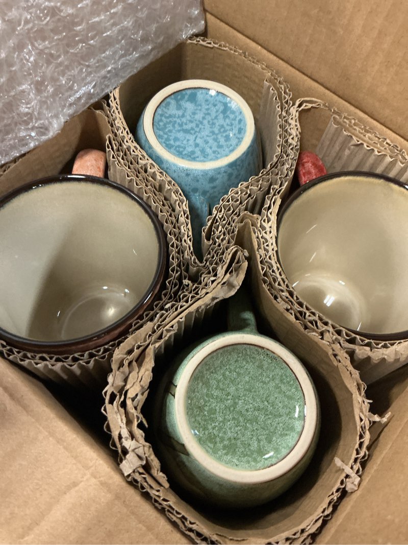 Condition photo showing New/Like New for ceramics 12oz cappuccino mug,coffee mugs,tea mugs,kiln glazing process,microwave and dishwasher safe, perfect for tea, espresso, latte - porcelain mugs for kitchen or cafe (red+blue+green+pink)