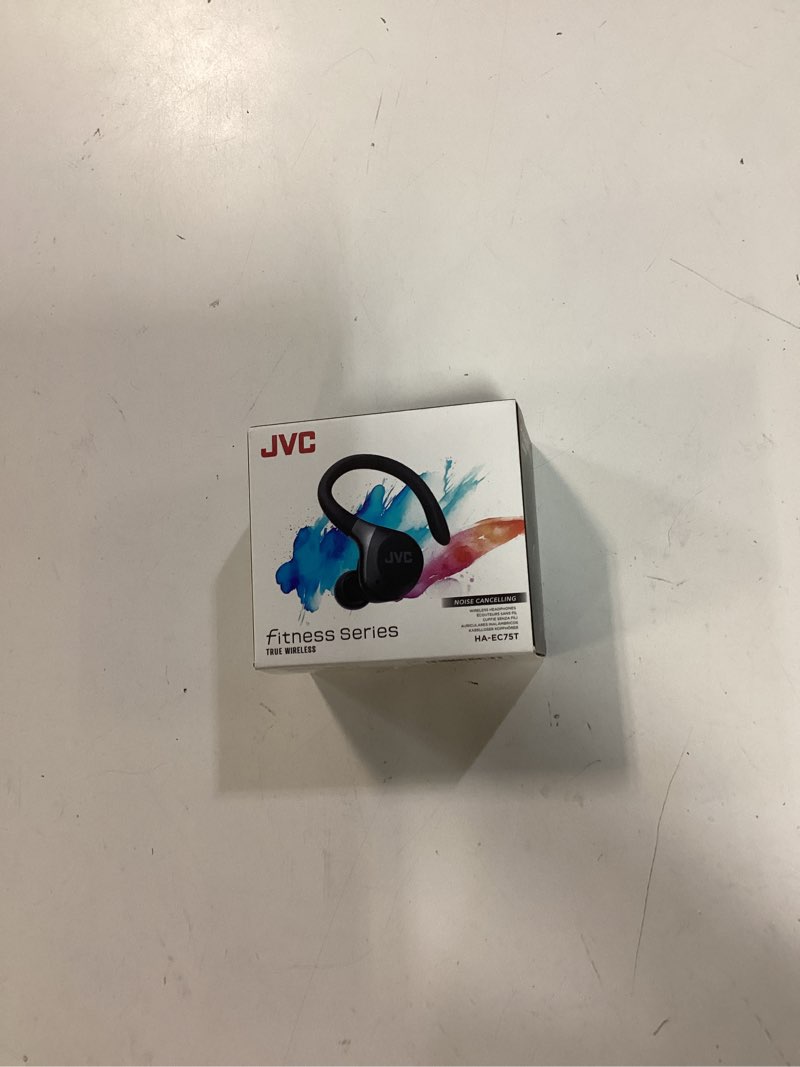 Condition photo showing New/Like New for jvc fitness series haec75tb true wireless sport earbuds, black | adjustable hooks, active noise cancelling, ambient sound mode, ip57 waterproof, 40hr long battery life