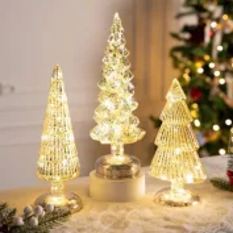 3 Pcs Mercury Glass Christmas Tree, Tabletop Christmas Tree with LED Lights for Home Decor,Silver Me