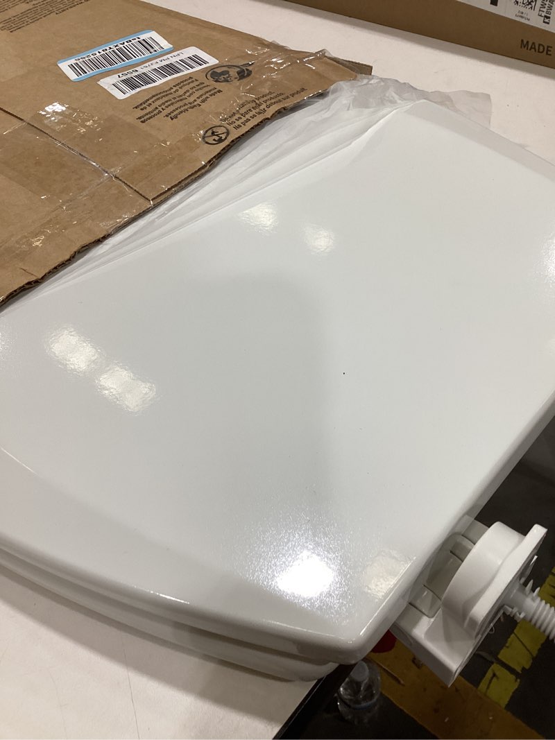 Condition photo showing As Is for Bemis 500EC Durable Wood Toilet Seat with Easy Clean Hinges, Made in USA, Round, White