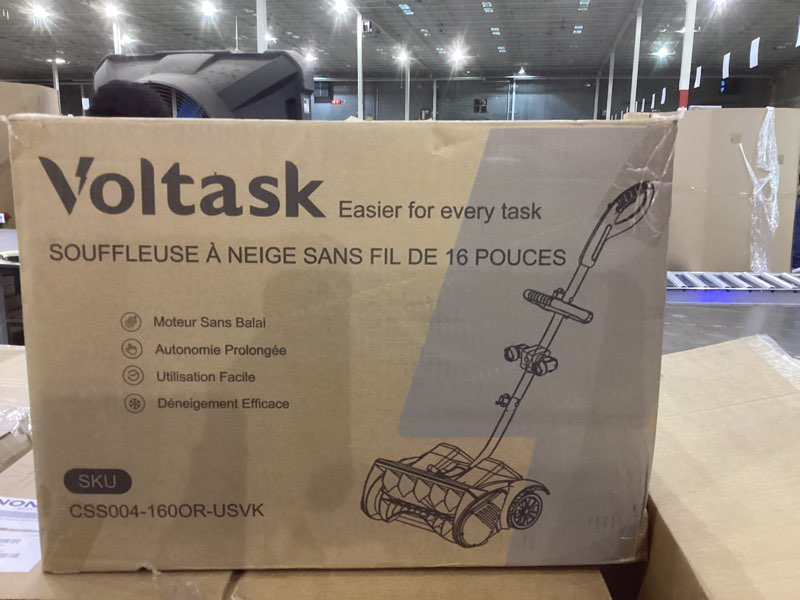 Condition photo showing As Is for VOLTASK Cordless Snow Shovel with Wheels, 48V | 16-Inch | 4-Ah Brushless Cordless Snow Blower, Battery Snow Blower with Directional Plate & LED Lights (2 * 24V Battery & Dual Quick Charger Included)