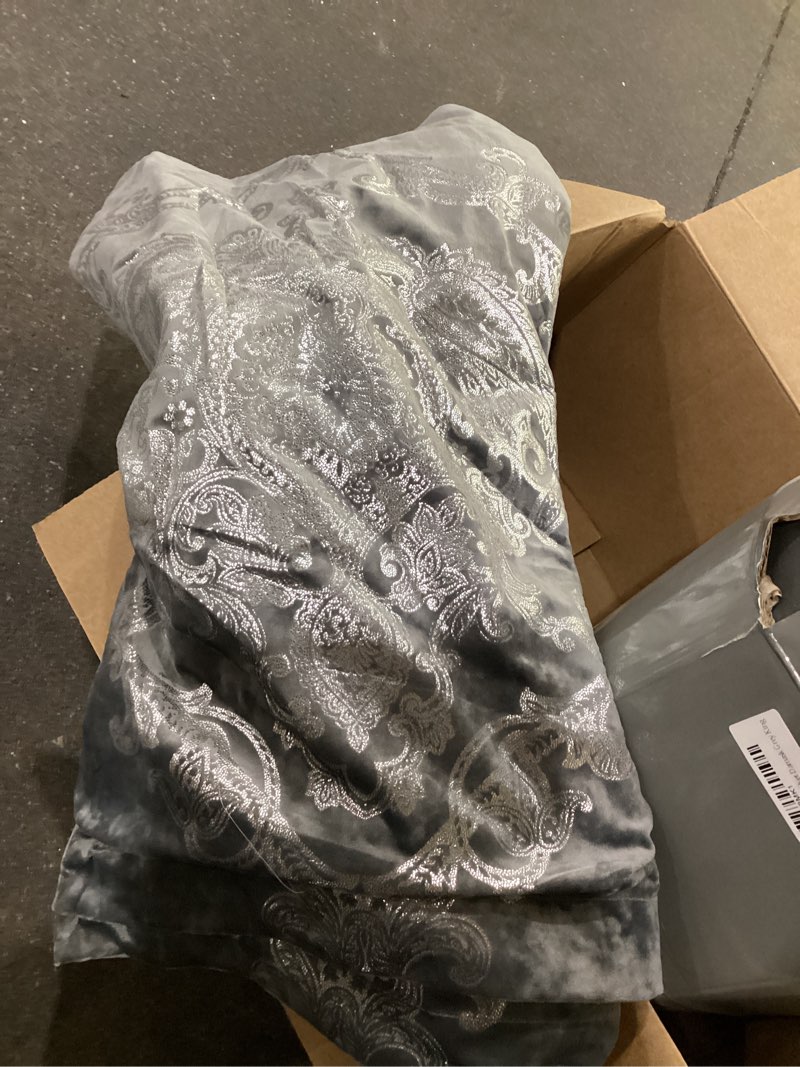 Condition photo showing As Is for sunshine nicole metallic print comforter set, distressed velvet face with metallic foil print and brushed solid microfiber reverse, with light weight soft poly fill, 3 pieces damask grey silver, king damask grey king