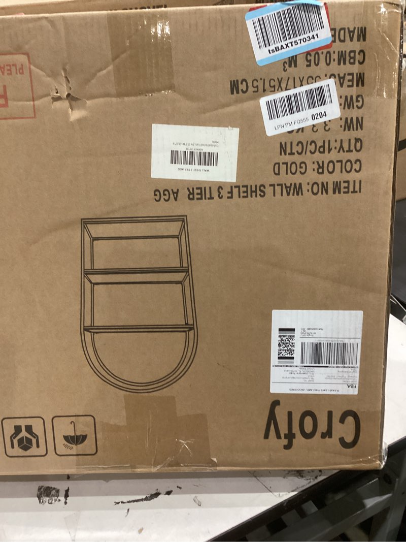 Condition photo showing Good Condition for Crofy Gold Arched Frame Wall Shelf, Decorative 3 Tier Bathroom Wall Shelf with Transparent Tempered Glass Shelves and Robust Storage Capacity, 6" D x 17.9" W x 28.57" H Gold Frame & Transparent Shelf 3 Tier