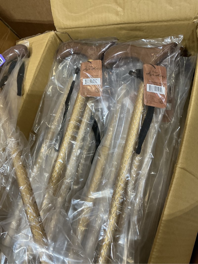 Condition photo showing New/Like New for brazos adjustable walking cane for men and women made of lightweight engraved aluminum with wooden handle, wrist strap and rubber tip, gold body with walnut handle, fsa & hsa eligible gold/walnut 1