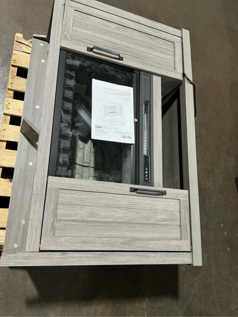 Condition photo showing As Is for allen + roth 58-in w gray tv stand with infrared quartz flat wall electric fireplace with remote control included item #5228469