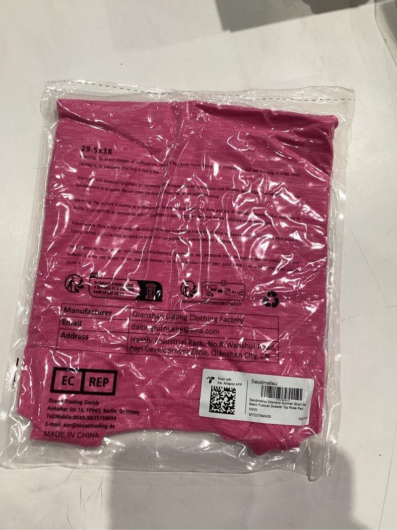 Condition photo showing New/Like New for Saodimallsu Womens Short Sleeve Crewneck Sweater Summer Tops Casual Loose Knit Lightweight Basic Pullover Shirts Medium Rose Red