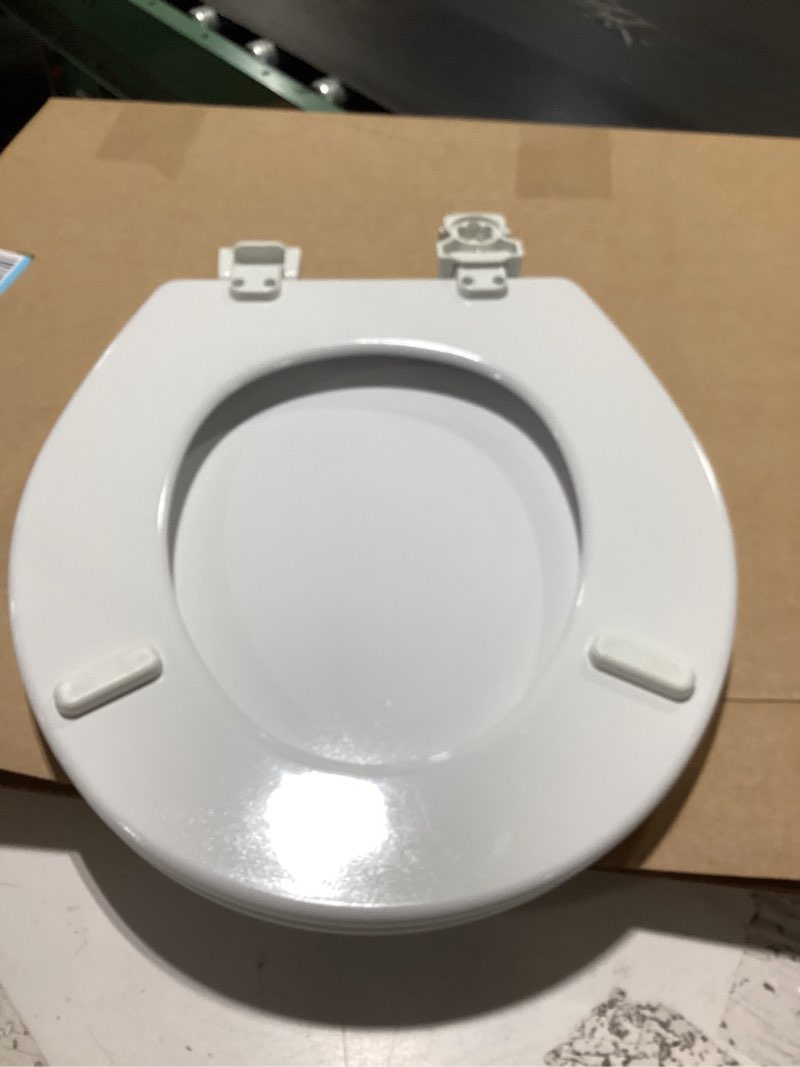 Condition photo showing As Is for bemis 500ec durable wood toilet seat with easy clean hinges, made in usa, round, white
