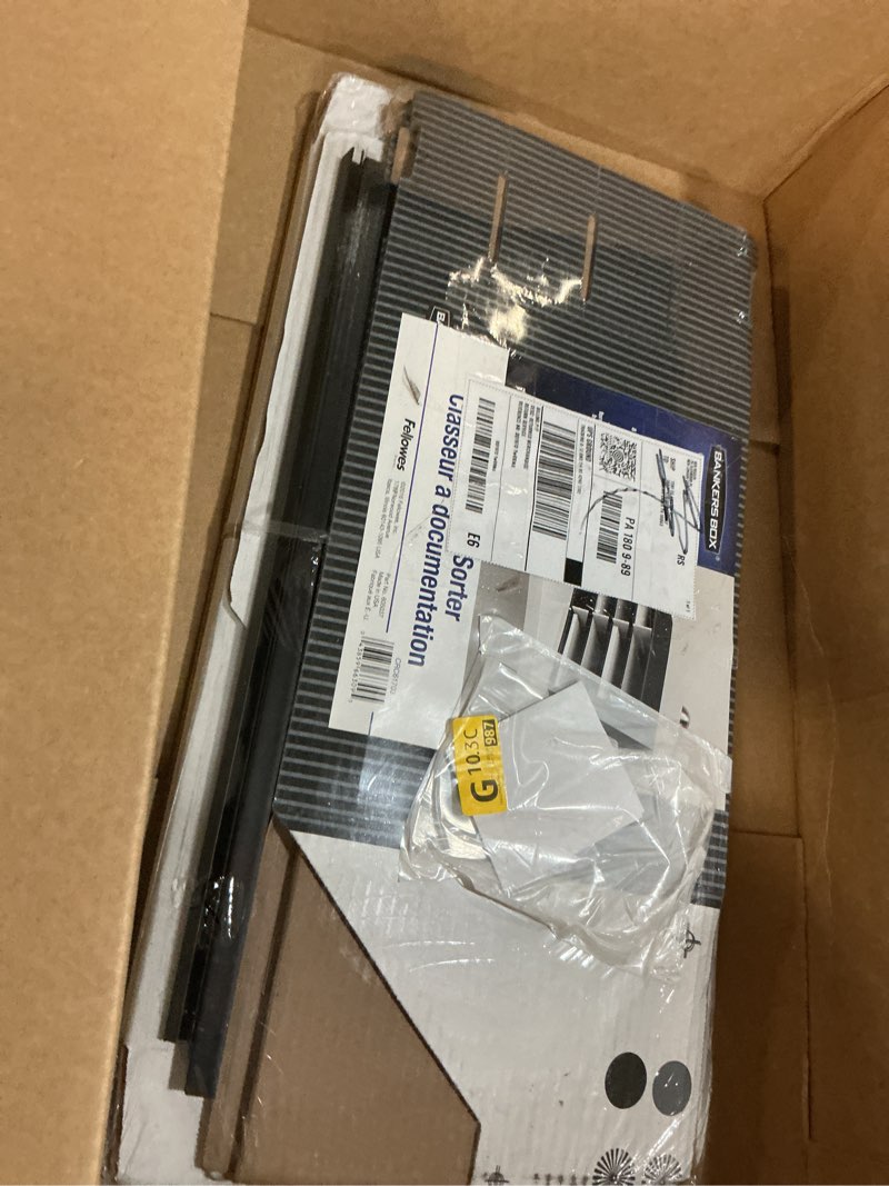 Condition photo showing New/Like New for bankers box decorative sorter 8 letter sections 19 1/2 x 12 3/8 x 10 1/4 bk/gy pinstripe fel6170301