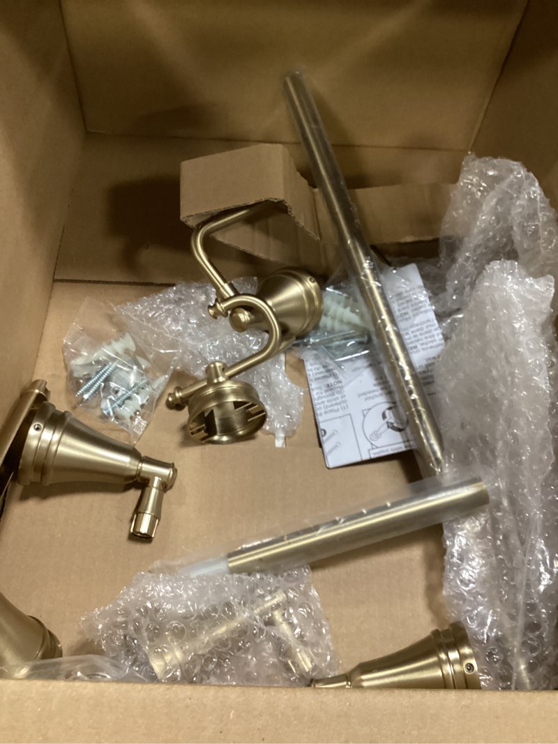 Condition photo showing As Is for delta mylan 4-piece bathroom set champagne bronze 18" towel rack, toilet paper holder, hand towel holder, hook| bathroom accessory set towel holder 4-piece hardware myn64-cz