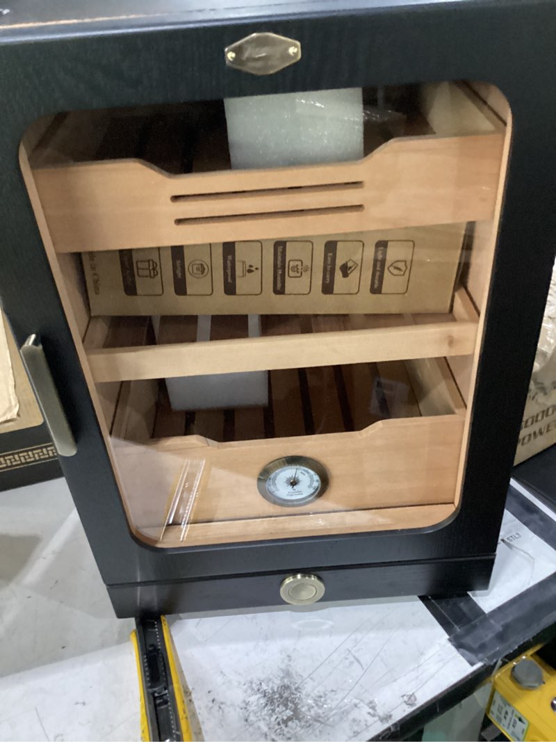 Condition photo showing New/Like New for tesonway cigar humidor, desktop cigar humidor cabinet light control system with spanish cedar wood shelves, hygrometer, 3 humidifiers and cigar accessories drawer, father's day gift for men (black)