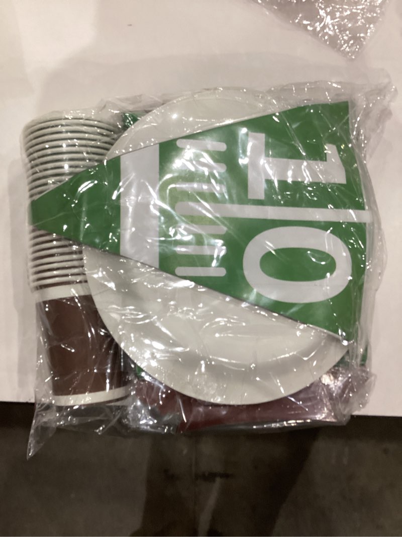 Condition photo showing As Is for Football Party Supplies Kit Serve 24 Includes Plates Napkins Cups Trays Bowls Tablecloth Banner for Football Game Day Sport Birthday Party Decorations Football Tableware