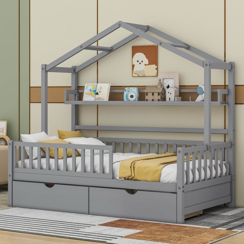 Zaney Wooden House Bed with 2 Drawers & Storage Shelf