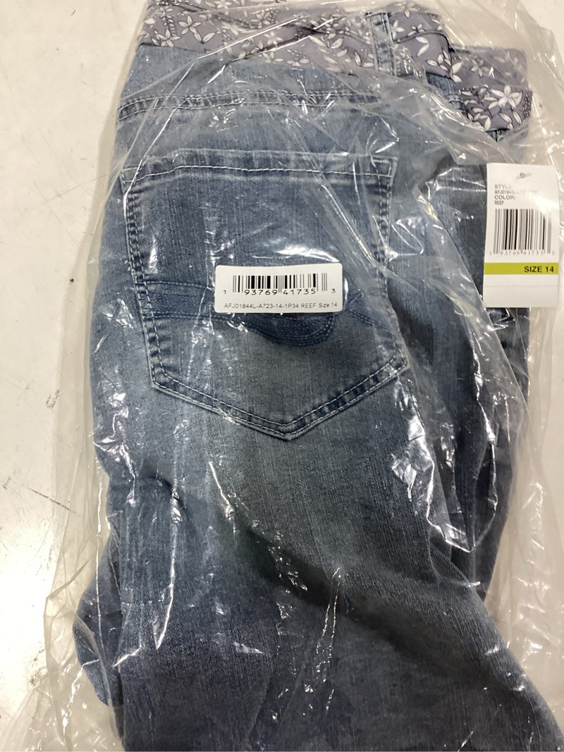 Condition photo showing As Is for angels forever young women's relaxed signature shorts, sizes 6-16 | 7" inseam, super soft denim, relaxed, stretchy, 5 pockets, removable sash belt, mid rise, stylish, trendy shorts for women 14 reef