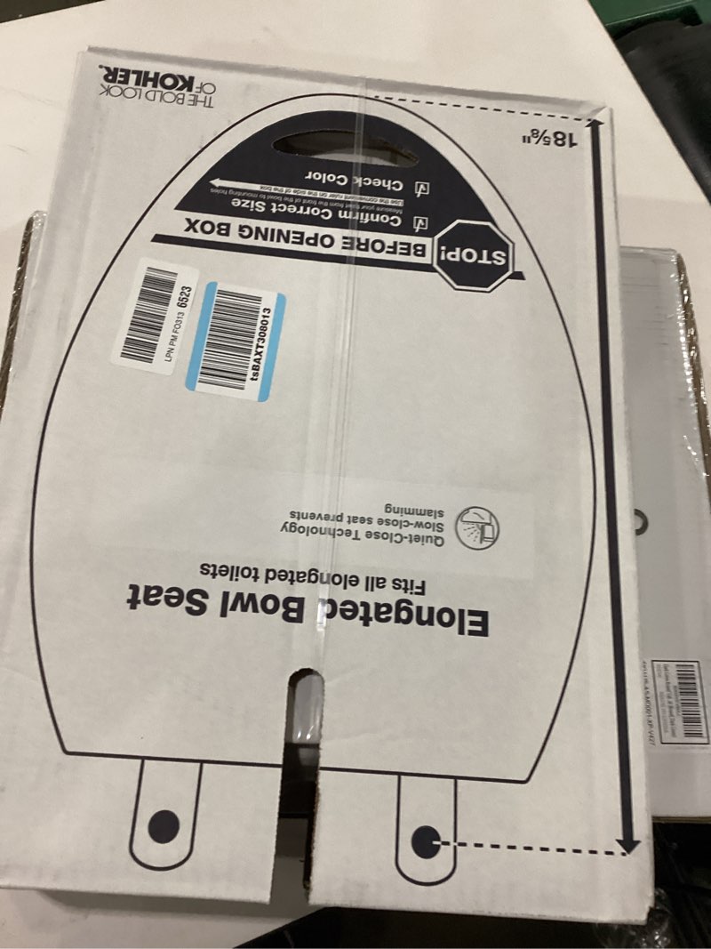 Condition photo showing New/Like New for Kohler K-20110-0 Brevia Elongated Toilet Seat with Grip-Tight Bumpers, Quiet-Close Seat, Quick-Attach Hardware, White