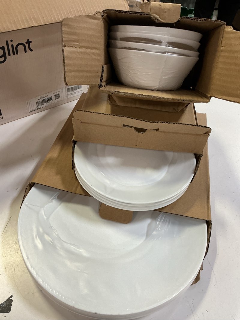 Condition photo showing New/Like New for dinnerware sets for 4, laglint 12 pieces opal glass plates and bowls set, dishwasher and microwave safe dish dinning ware, chip and scratch resistant dishware white 12 pcs (service for 4) angel white