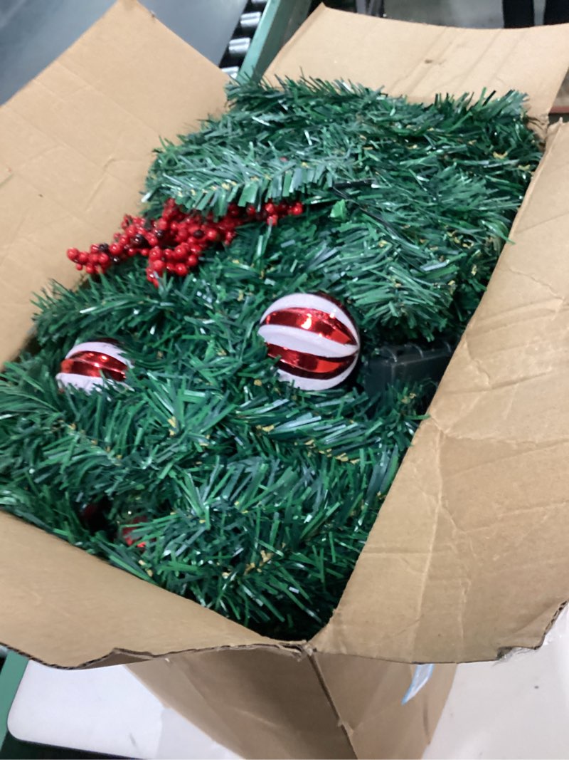 Condition photo showing As Is for MorTime 4 Pack 9 FT LED Christmas Garland with Pinecones Red Berries Bows Christmas Balls Candies, Multi-Function Christmas Garland with 50 Warm White LED Lights, 180 Branch Tips 4PACK 9 FT LED Christmas Garland