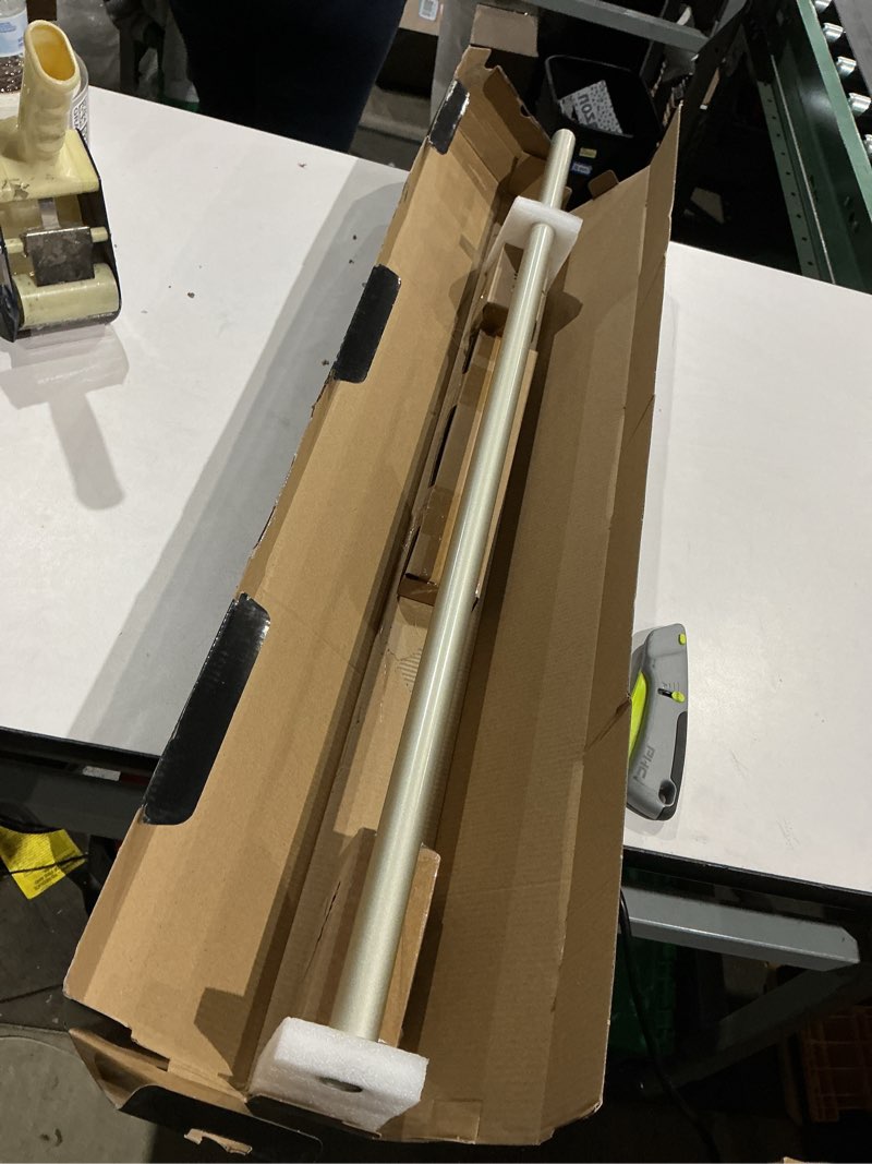 Condition photo showing As Is for 1 inch single curtain rods 36 to 72 inches adjustable drapery rods for window width 24 to 68 inches, knitting pattern finials, champagne gold champagne gold 36-72''