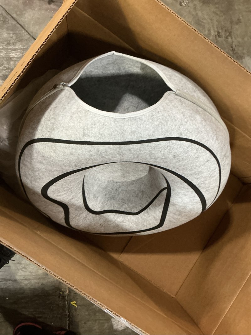 Condition photo showing As Is for peekaboo cat cave donut - cat tunnel bed for indoor cats – cute patterns hideaway for multiple & large cats, scratch-resistant (light gray)