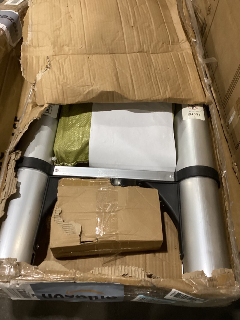 Condition photo showing Good Condition for JADDUO Telescoping Ladder,26.2 FT Extension Ladder,Aluminum Lightweight Telescopic Ladder with 2 Triangle Stabilizers, Telescoping Attic Ladders RV Ladders for Travel 26.2FT hook ladder silver