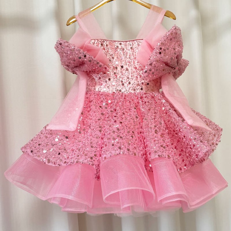 sparkly white girl dress big bow champagne pink princess kids j343 ( similar