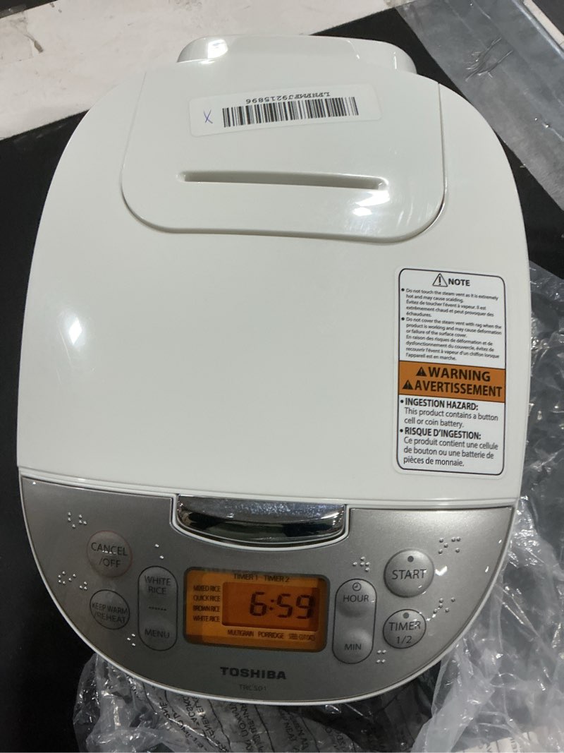 Condition photo showing As Is for Toshiba Rice Cooker 6 Cup Uncooked – Japanese Rice Cooker with Fuzzy Logic Technology, 7 Cooking Functions, Digital Display, 2 Delay Timers and Auto Keep Warm, Non-Stick Inner Pot, White 6 Cups Uncooked