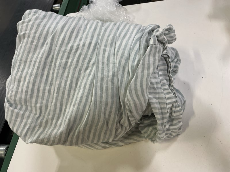Condition photo showing As Is for european linen sheet set, queen, mist/white stripe