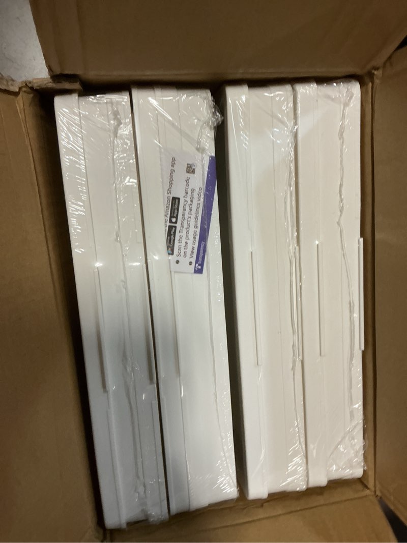 Condition photo showing New/Like New for OlarHike 48QT Lockable Storage Bins with Lids - Folding Storage box with Doors and Wheels, Collapsible Plastic Storage Bins for Closets, Stackable Storage Organizer, Storage Containers, 4 Pack Cubes 48QT-White 4Pack