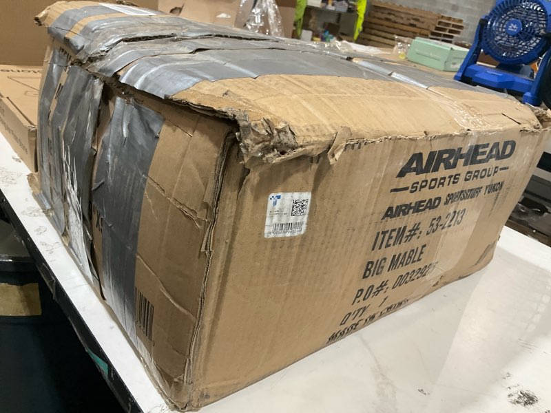 Condition photo showing As Is for airhead mable towable tube for boating, 1-4 rider inflatable boat tube for water tubing, heavy duty full nylon cover, eva foam pads, dual tow point, patented speed safety valve 2 rider orange