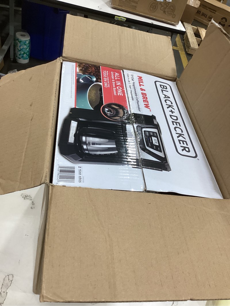 Condition photo showing As Is for black and decker black+decker 12-cup mill and brew coffeemaker, black, cm5000b 12-cup coffee system