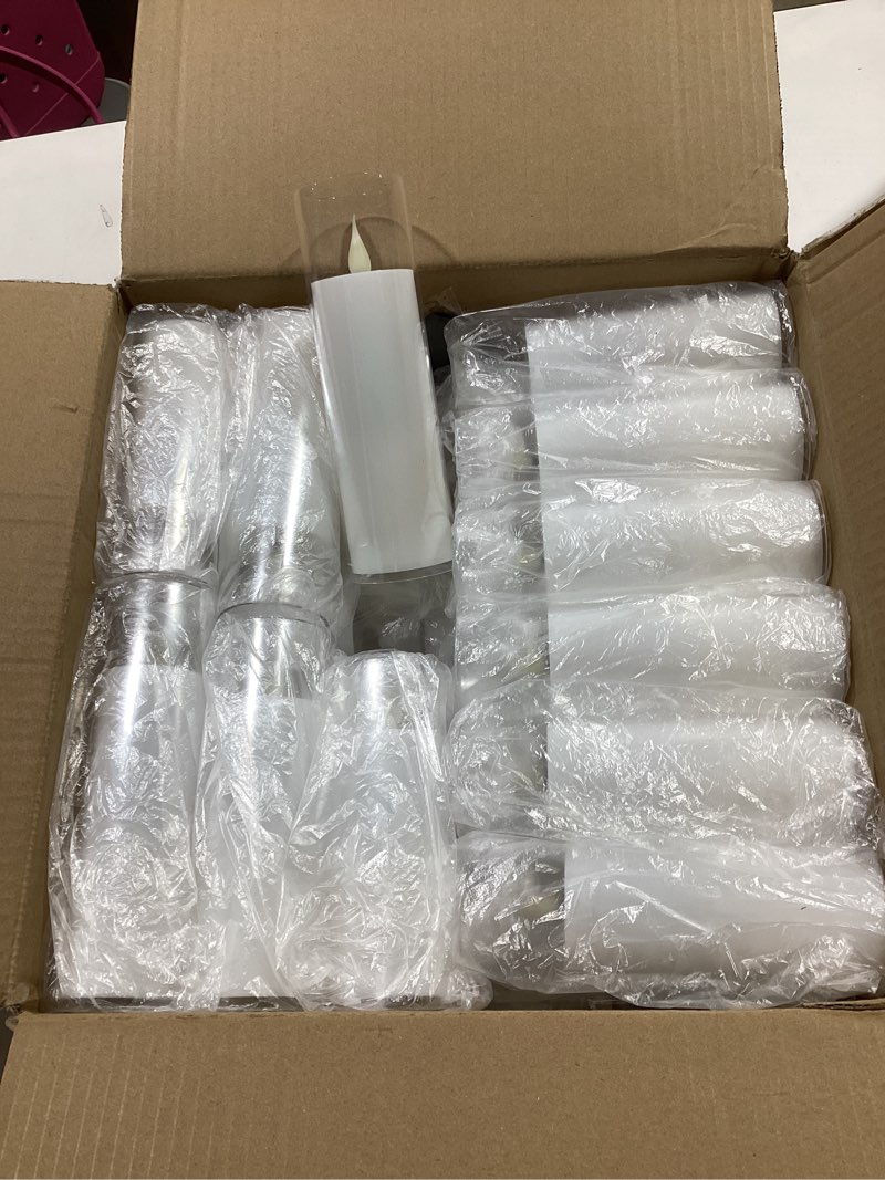 Condition photo showing New/Like New for yoroxrg set of 24 flickering flameless candles battery operated with remote and 2/4/6/8 h timer plexiglass led pillar candles with realistic moving wick candles for home decor (d2.2"xh 5"6"7")(white) 24acrylic-white