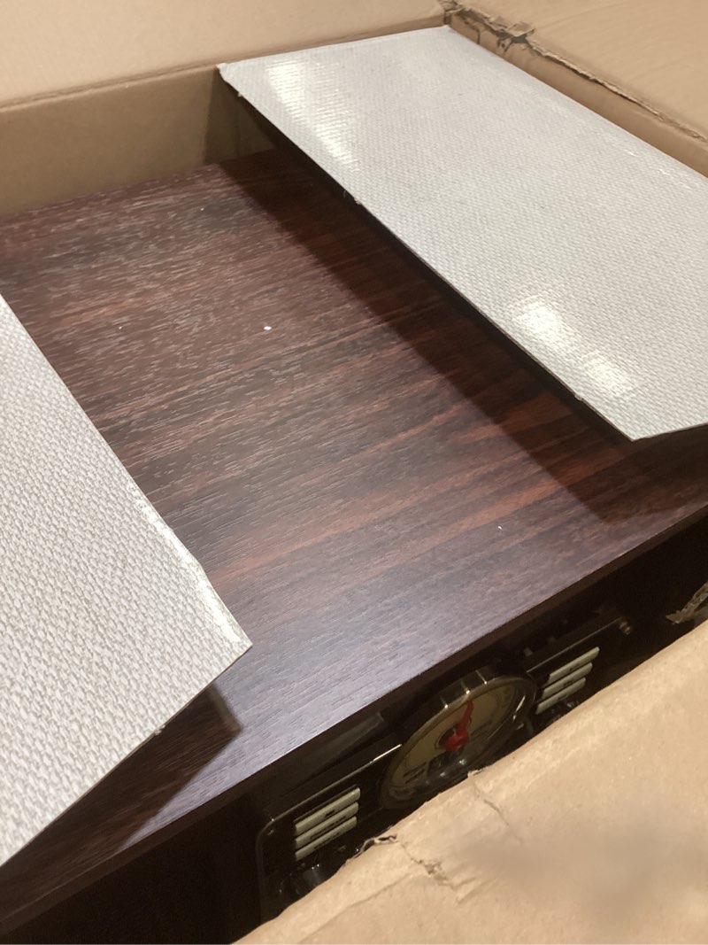 Condition photo showing As Is for victrola the quincy 6-in-1 bluetooth record player & multimedia center with built-in speakers – 3-speed turntable, cd & cassette player, am/fm radio, wireless music streaming (espresso) espresso record player