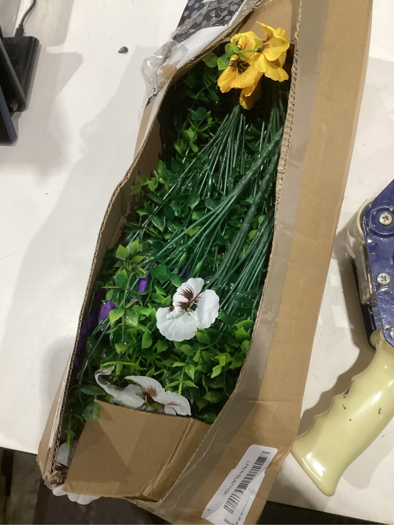 Condition photo showing As Is for 18 pcs artificial fake pansy flowers for outdoor, faux silk pansies spring flowers for outside for planter front door porch yard patio window box home decor (18, purple, yellow, white) purple, yellow, white 18