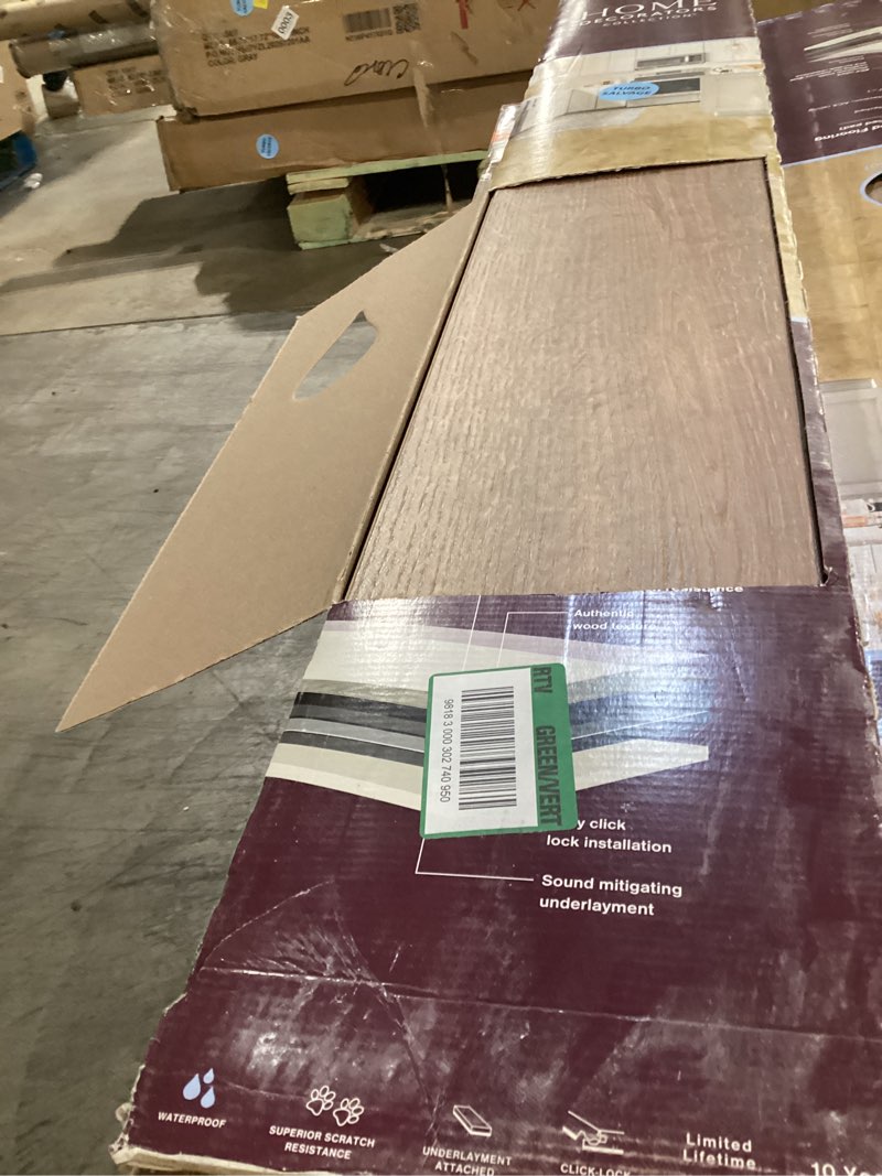 Condition photo showing As Is for southern oak 12 mm t x 7.6 w waterproof laminate flooring (21.06 sq. ft./case)