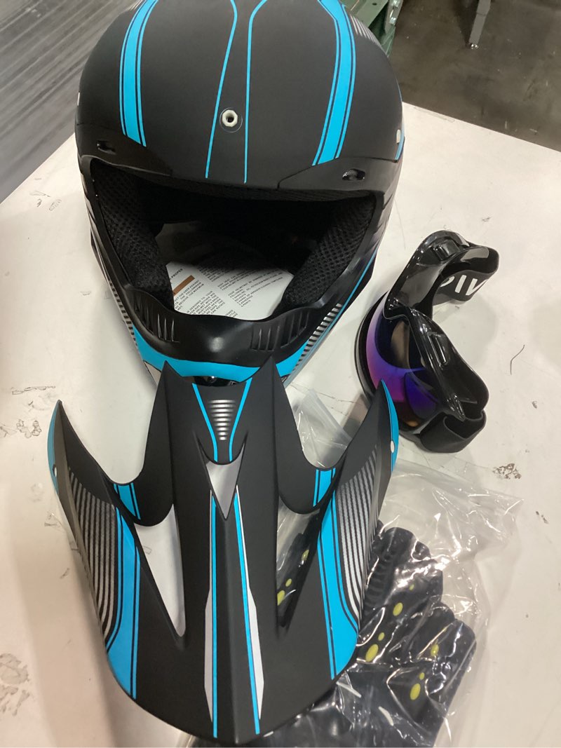 Condition photo showing Good Condition for (Size:L)Motocross Helmet,Adult &Youth Trend Full Face Helmet,ATV Motorcycle Helmet,Dirt Bike Downhill Off-Road Mountain Bike Helmet,DOT Certified,4-Piece Set (Blue, L)