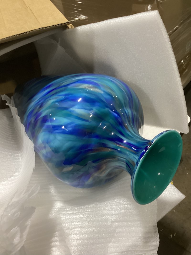 Condition photo showing Good Condition for 20 inch tall glass vase large hand blown flower vase, coastal big sea glass vases for floor decorative entryway living room mantel shelf tabletop floral stem display blue