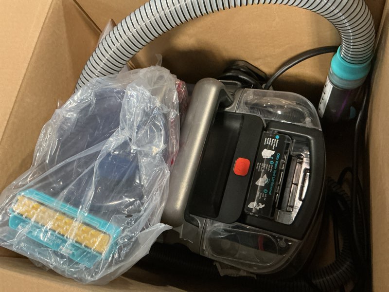 Condition photo showing As Is for shark stainstriker hairpro portable carpet, upholstery & area rug cleaner with pet mess & hair tools, self-cleaning, perfect for pets & car interiors, 4 cleaning tools & pet solution, copper, px251 stainstriker w/ hairpro technology