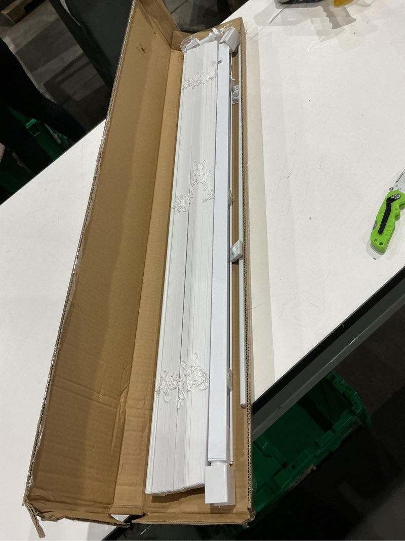 Condition photo showing As Is for no tools no drill cordless mini blinds 36" wx 64" h, 1" l-shaped blades, horizontal vinyl blinds for indoor windows, white 36x64in