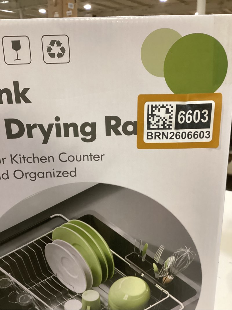 Condition photo showing Good Condition for over the sink expandable dish drainer drying rack in stainless steel for small kitchen, counter space saving modern compact metal above plate dryer strainer, adjustable hanging inside drain holder black