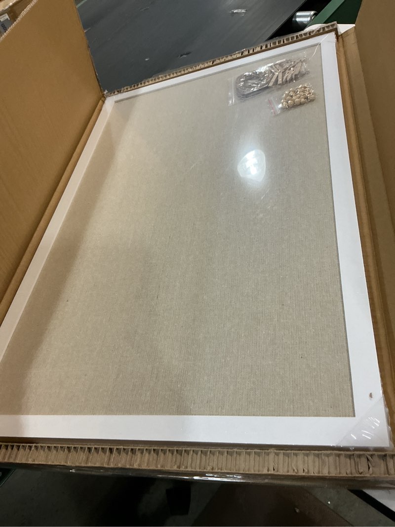 Condition photo showing New/Like New for Double-Sided Large Cork Board with Linen, 30" x 20" Hanging Wood Framed Bulletin Board, Picture Display Vision Board Corkboards for Wall Room School Office Decor, 20 Pushpins,1pack Cork+beige - 1pcs 30" x 20"