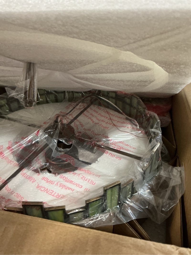 Condition photo showing Good Condition for antique brass ceiling light fixture in drum shape, 12.5” semi flush mount stained tiffany lamp with mable green glass, 3 light round ceiling hanging lighting for foyer hallway bedroom kitchen green glass & brass edge