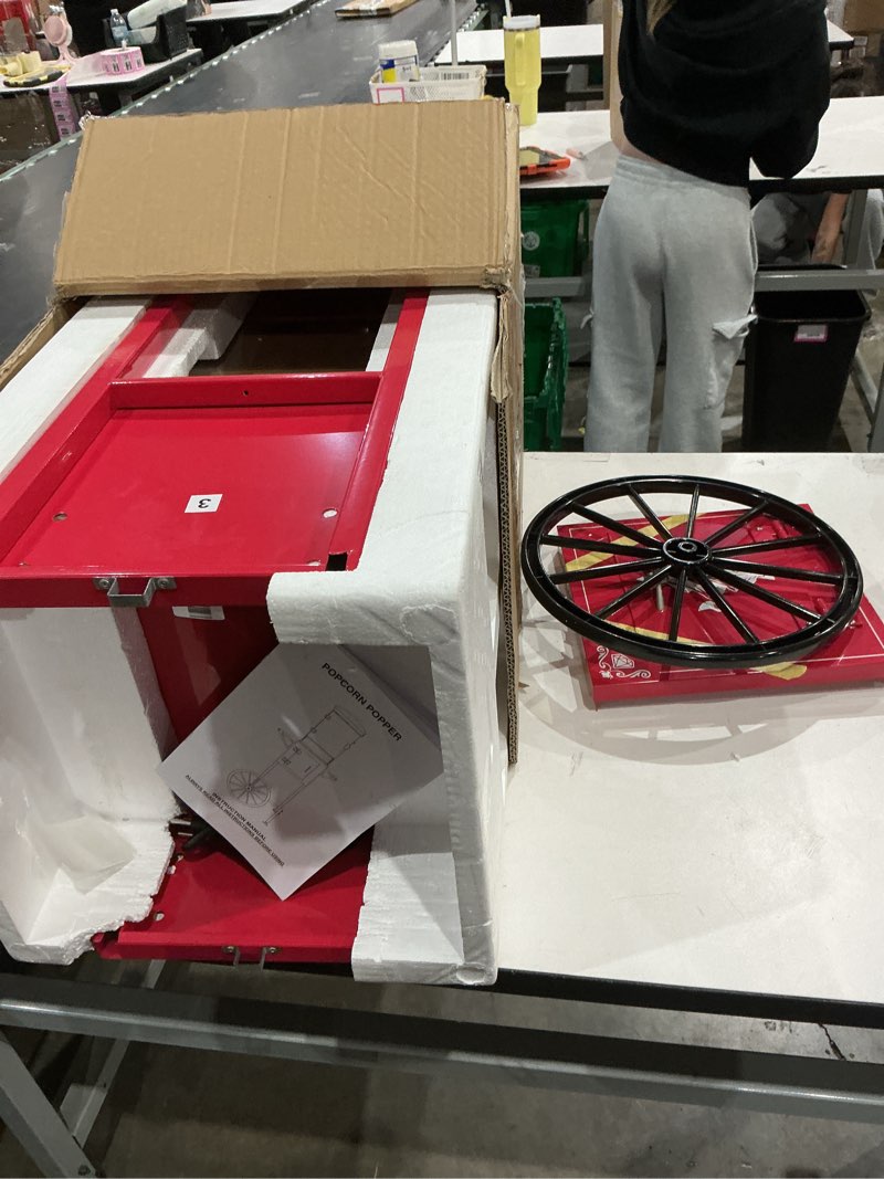 Condition photo showing Good Condition for 10oz popcorn machine with cart, wheels & stainless steel kettle, 110v/480w, vintage movie theater style, popcorn maker machine for parties, events, home & commercial use, red red 10 oz-cart