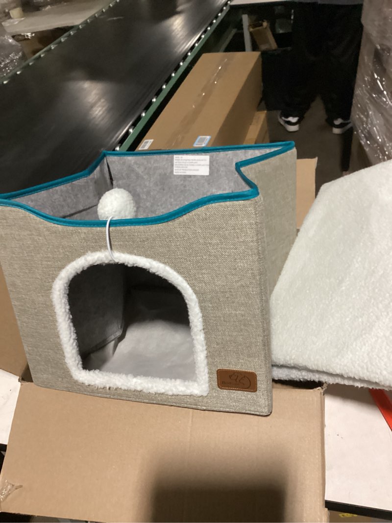 Condition photo showing Good Condition for Bedsure Cat Beds for Indoor Cats - Large Cat Cave for Pet Cat House with Fluffy Ball Hanging and Scratch Pad, Foldable Cat Hideaway, 16.5x16.5x13 inches, Grey Grey Single