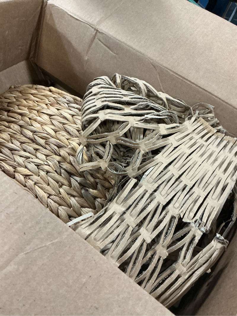 Condition photo showing As Is for YANGQIHOME 36in Christmas Tree Collar, Rattan Tree Skirt, Large Woven Water Hyacinth Tree Base Cover for Home Decoration with Cord Cut-Out 36 inch