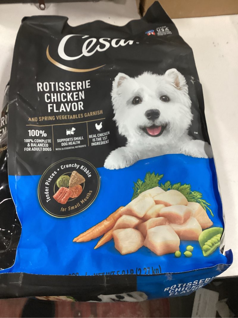 Condition photo showing New/Like New for (( BEST BY/04/22/2026))Cesar Rotisserie Chicken, Carrot, Pea and Vegetable Flavor Small Breed Dry Dog Food - 5lbs