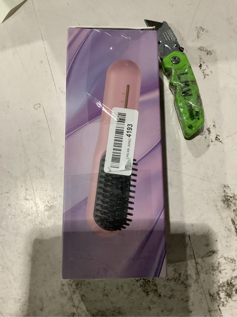 Condition photo showing New/Like New for cordless hair straightener brush, portable ionic plus frizz-free straightening brush, rechargeable touch up on-the-go brush, mch fast heating, 5d dense bristles, auto-off, anti-scald for women travel light pink