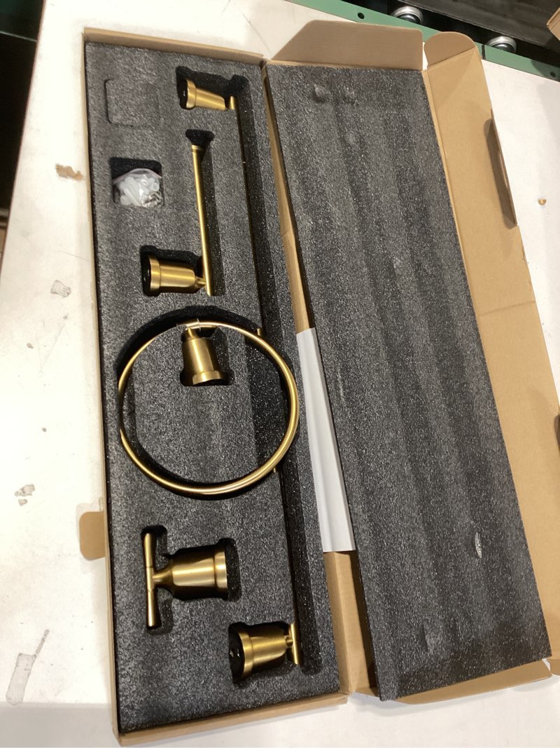 Condition photo showing New/Like New for YUMORE Gold Bathroom Hardware Set, 4-Pieces Wall Mounted Bath Accessories Kit, Stainless Steel Towel Bar, Towel Ring, Toilet Paper Holder & Robe Hooks, Modern Brushed Gold Finish Glod