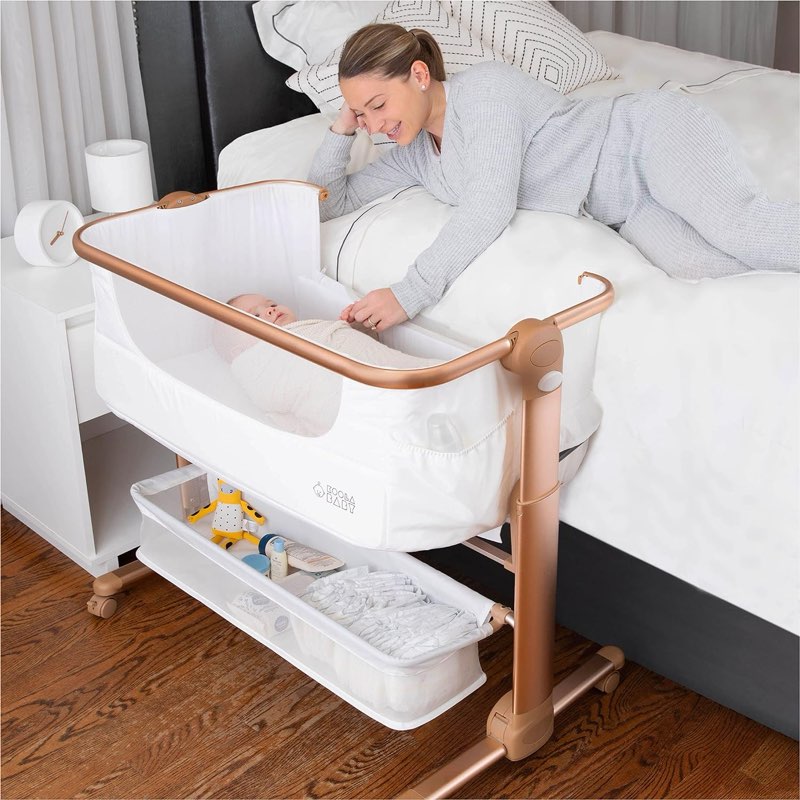 papablic baby bassinet, bedside bassinet for baby with four-sided breathable mesh & soft mattress, adjustable bassinet bedside sleeper with storage basket and wheels, easy to assemble, rose gold amd white